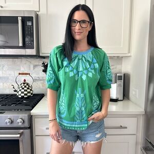 Sheridan French Green Blue Ikat Short Sleeve Top